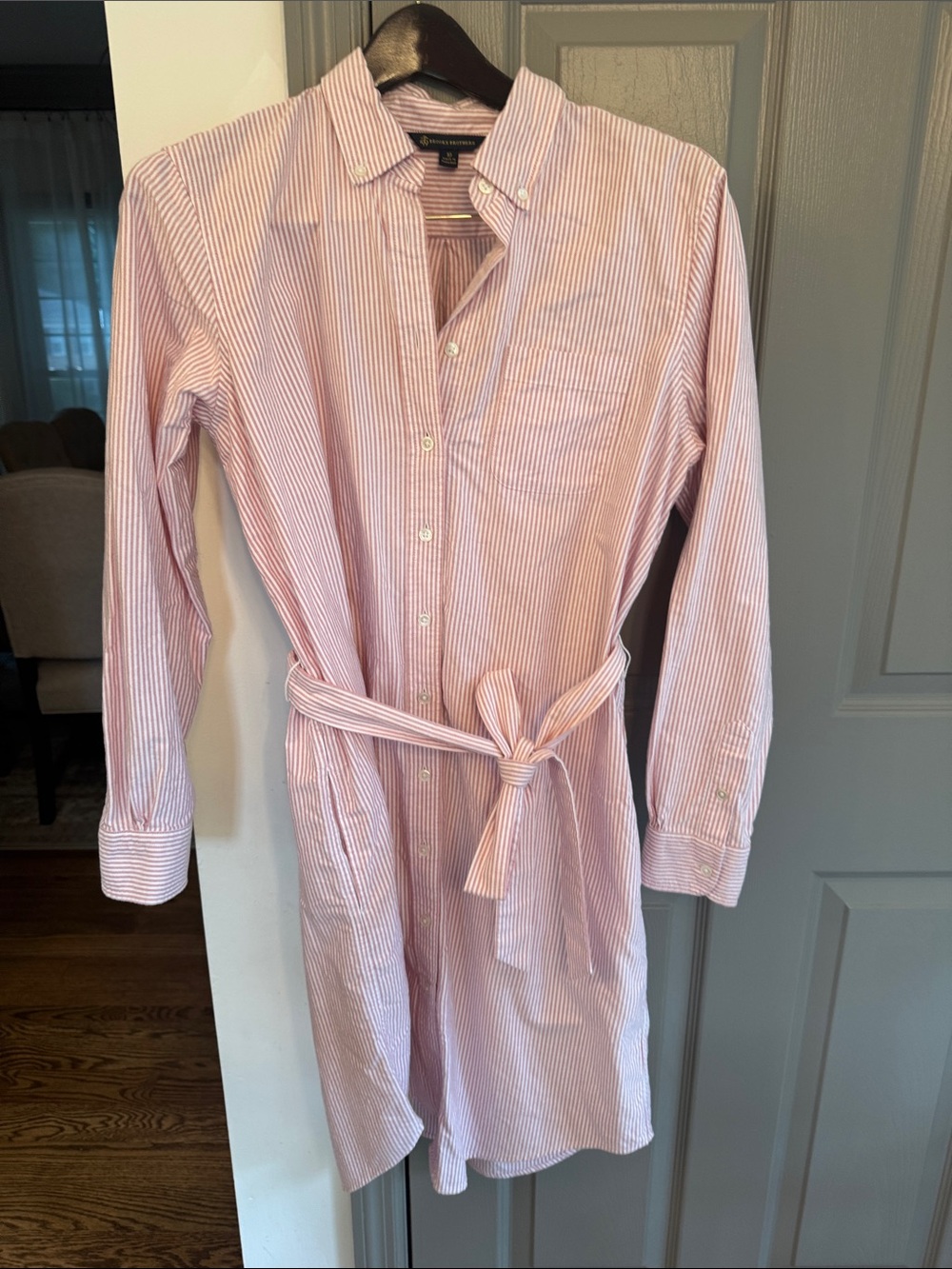Brooks Brothers Pink/White Striped Shirt Dress with Belt